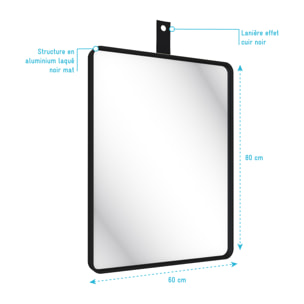 Miroir salle de bain 60x80cm suspendu noir mat - avec lanière effet cuir noir - NORDIK REKTANGEL