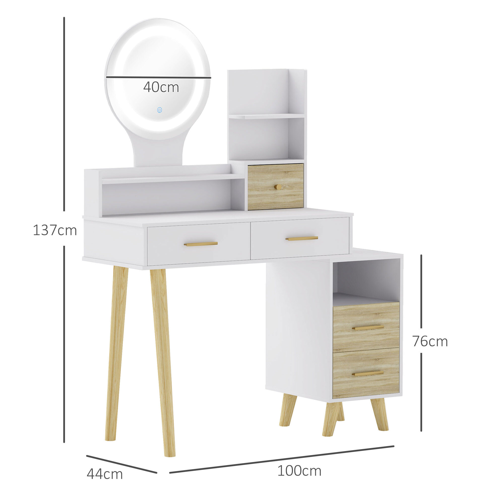 Tocador de Maquillaje con Espejo y Luces LED Mesa de Maquillaje con Iluminación Ajustable 5 Cajones y 4 Compartimentos Tocador para Dormitorio Salón Blanco
