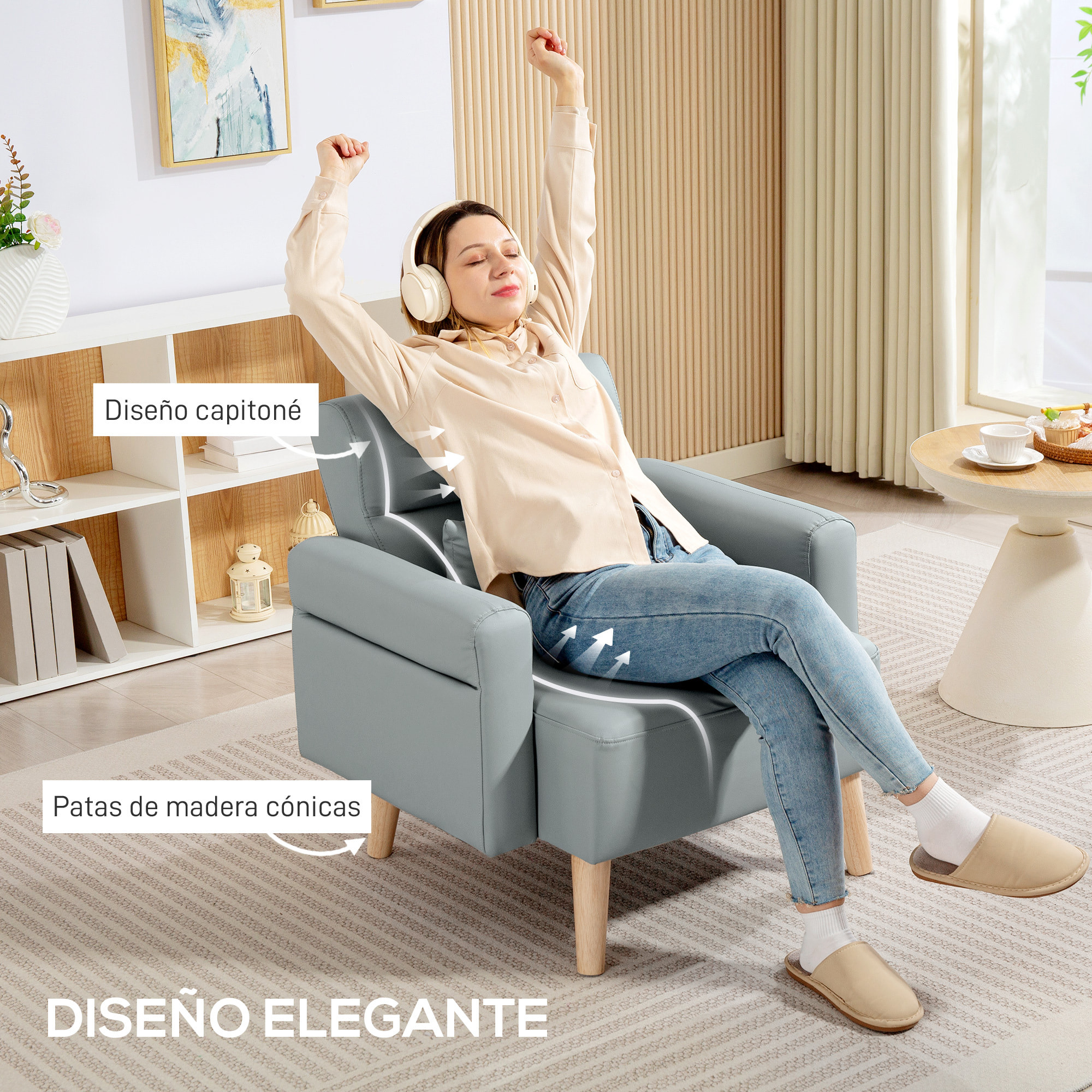 Sofá de 1 Plaza Tapizado en Cuero Sintético Sofá de Salón de 77 cm con Reposabrazos Acolchado Grueso Respaldo Acanalado y Patas de Madera para Dormitorio Sala de Estar Gris