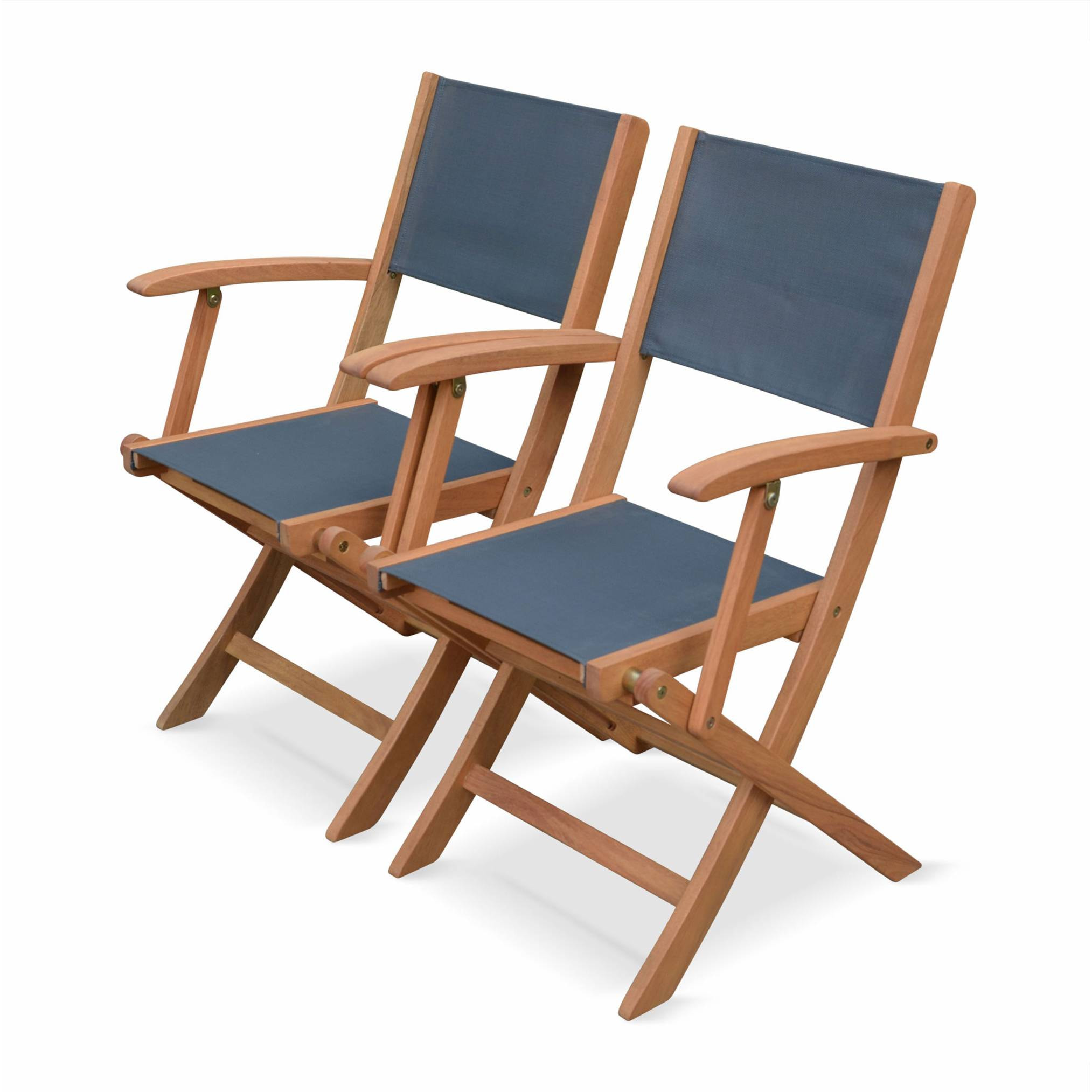 Fauteuils de jardin en bois et textilène - Almeria Gris anthracite - 2 fauteuils pliants en bois d'Eucalyptus huilé et textilène