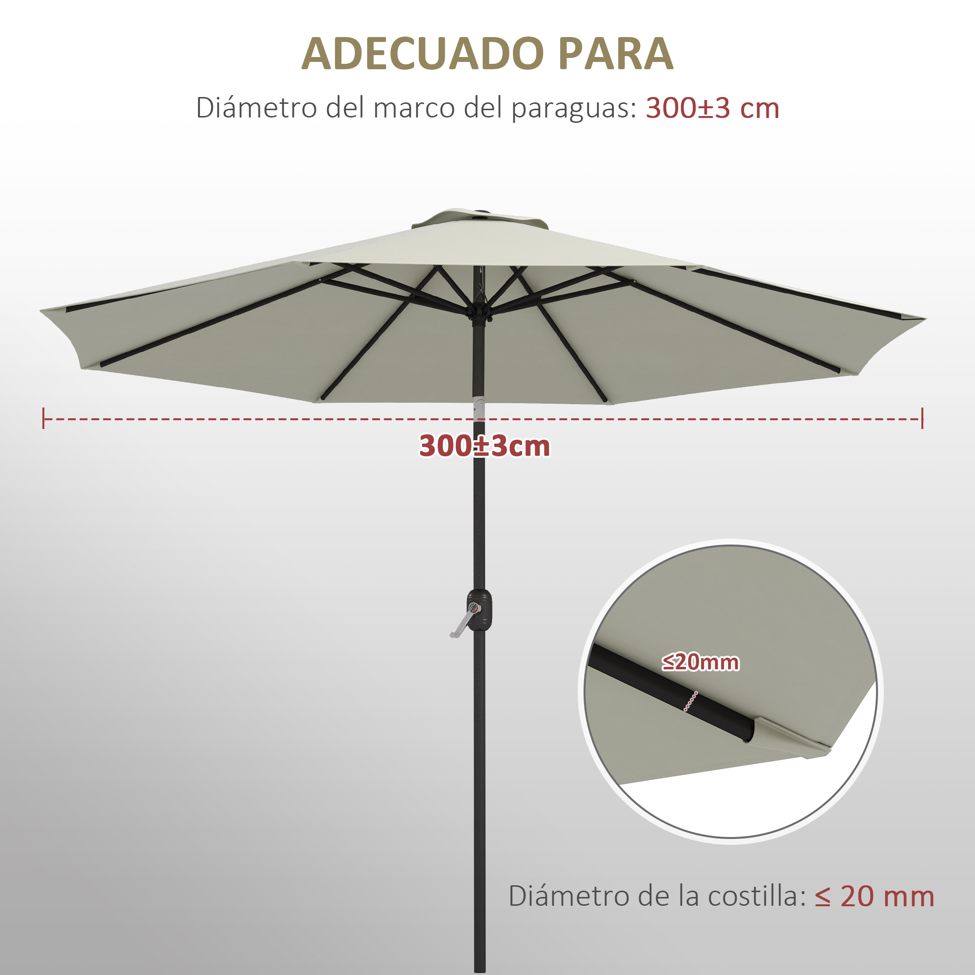 Toldo de Recambio de Sombrilla de 3 m Toldo de Repuesto para Sombrilla de Patio con Ventilación Superior Cubierta de Repuesto para Parasol de Poliéster para Exteriores Crema