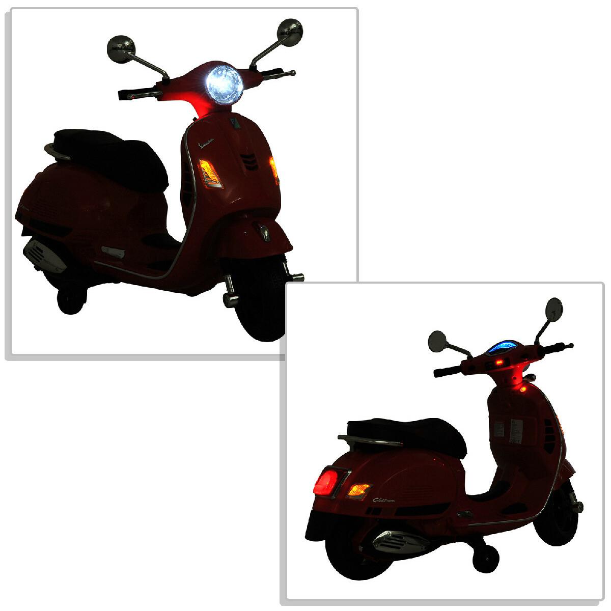 Scooter moto électrique enfants 6 V dim. 102L x 51l x 76H cm musique MP3 port USB klaxon phare feu AR rouge Vespa