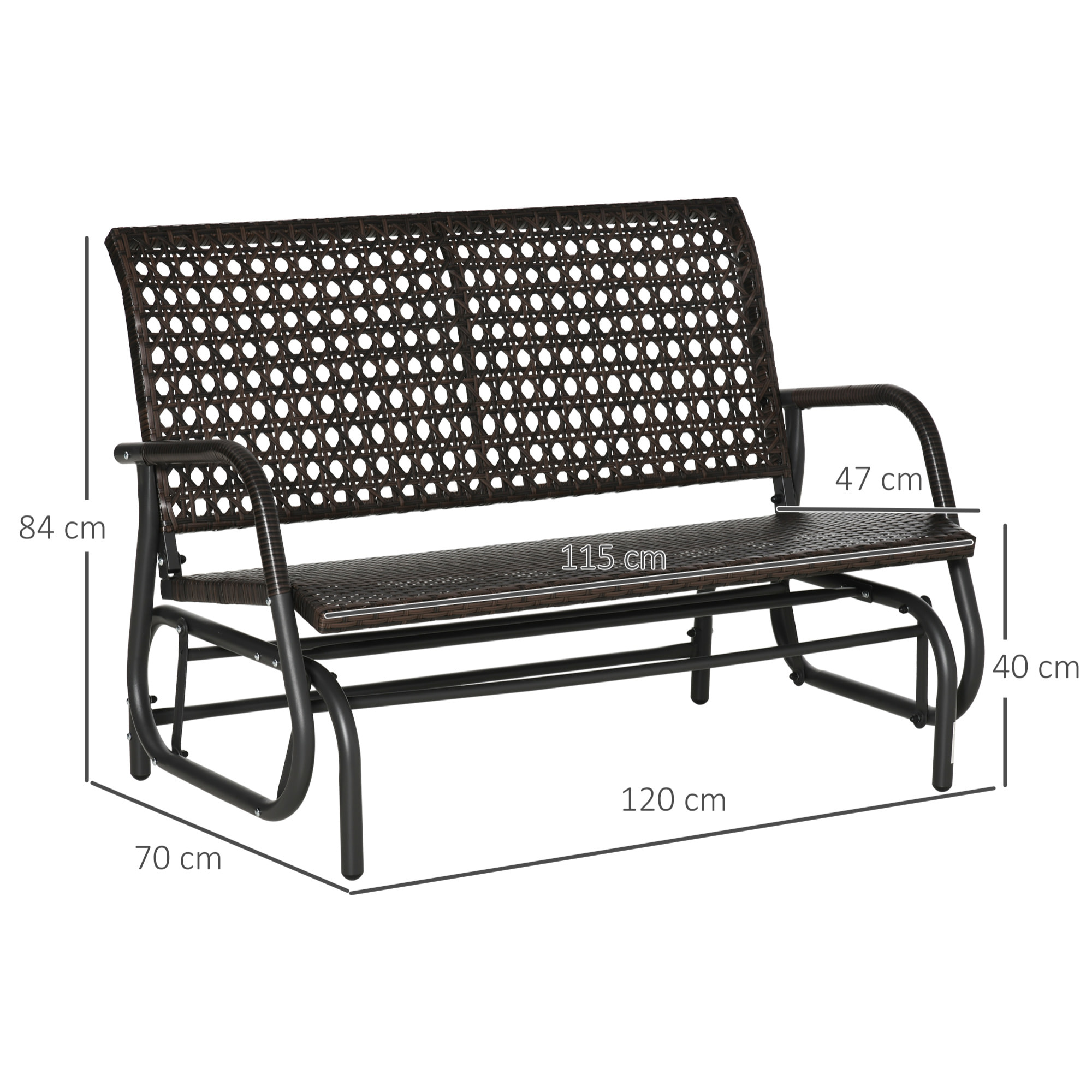 Outsunny Banco Balancín de Ratán de 2 Plazas Mecedora de Jardín con Balanceo Ergonómico y Marco de Metal para Terraza Balcón Exterior Carga 220 kg 70x120x84 cm Marrón