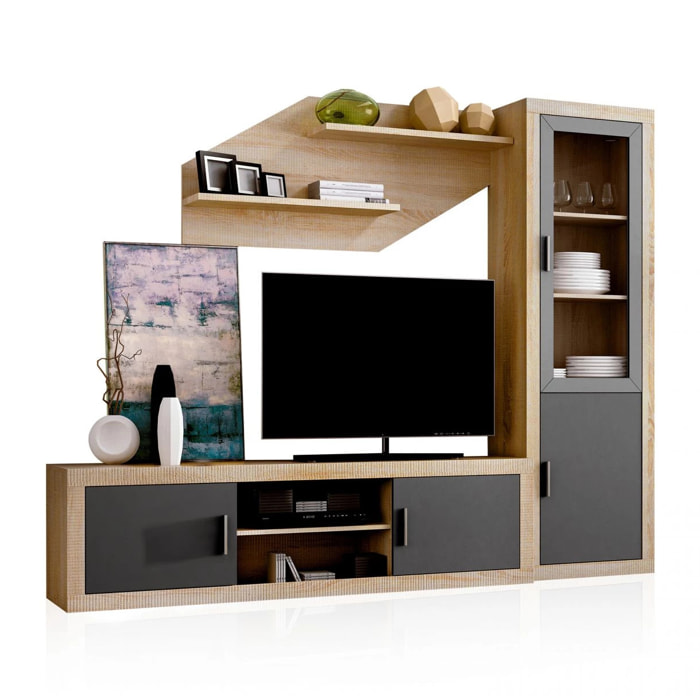 Salón modular con gran capacidad de almacenaje en cambria y grafito 240 cm Nuka V4 Cambria - Grafito