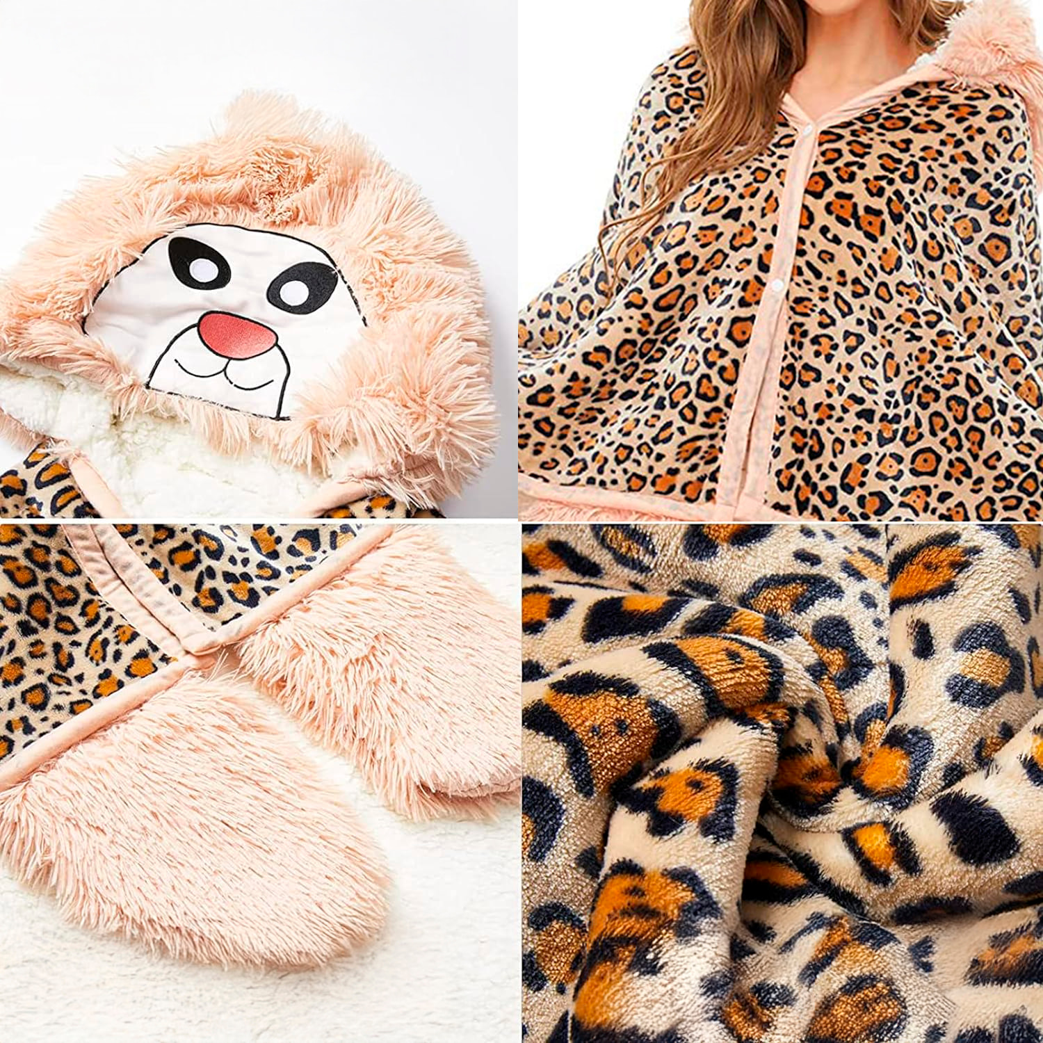 Accappatoio adulto con cappuccio design leopardo. 120x152 cm.