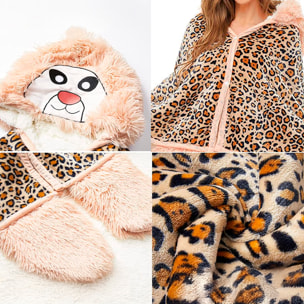 Accappatoio adulto con cappuccio design leopardo. 120x152 cm.