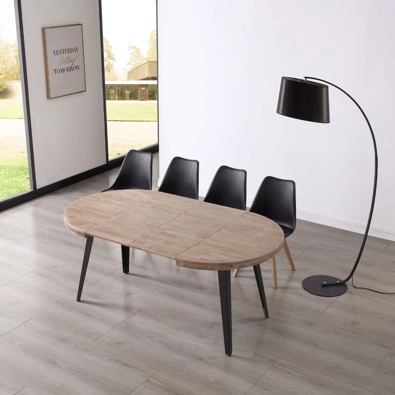 Mesa de comedor redonda extensible en negro y roble honey 100-180x100 cm Berg Roble Honey - Negro