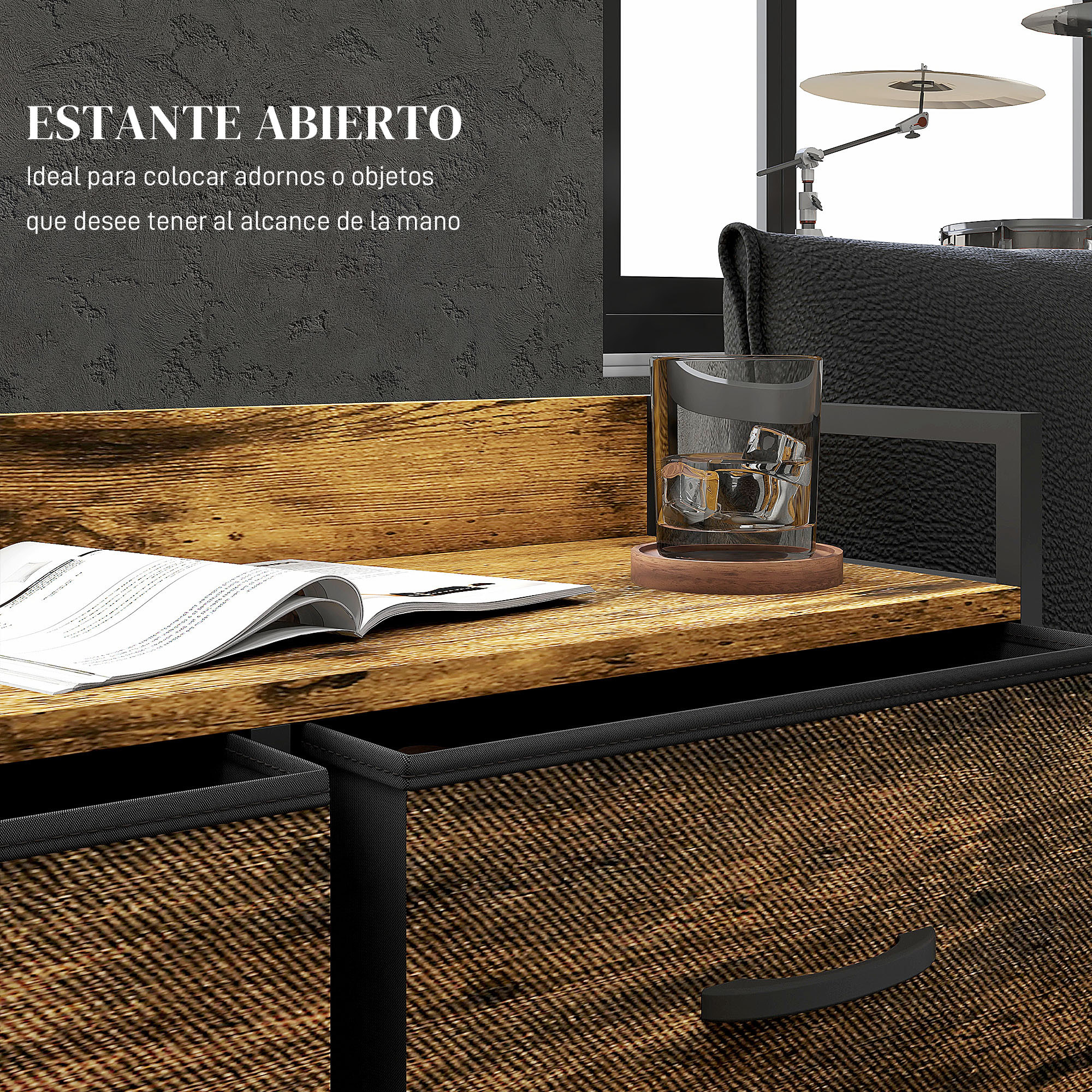 Cómoda con 6 Cajones Plegables, Cajonera de Tela con Estructura de Acero, Estilo Industrial, Cómoda para Dormitorio, Pasillo, Marrón Rústico