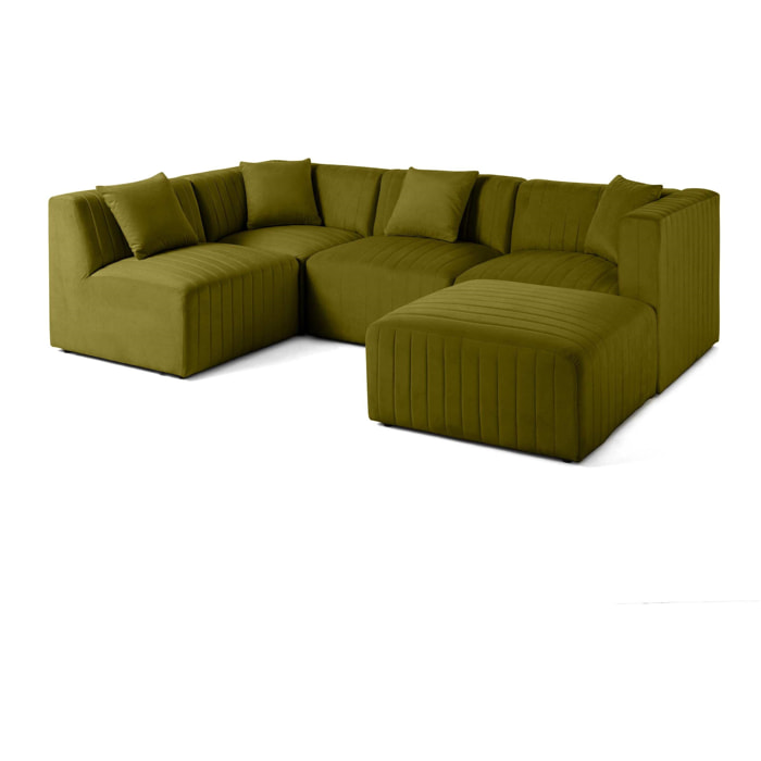 Nova - canapé modulable d'angle gauche - 5 places - avec pouf d'appoint - en velours - Vert Olive
