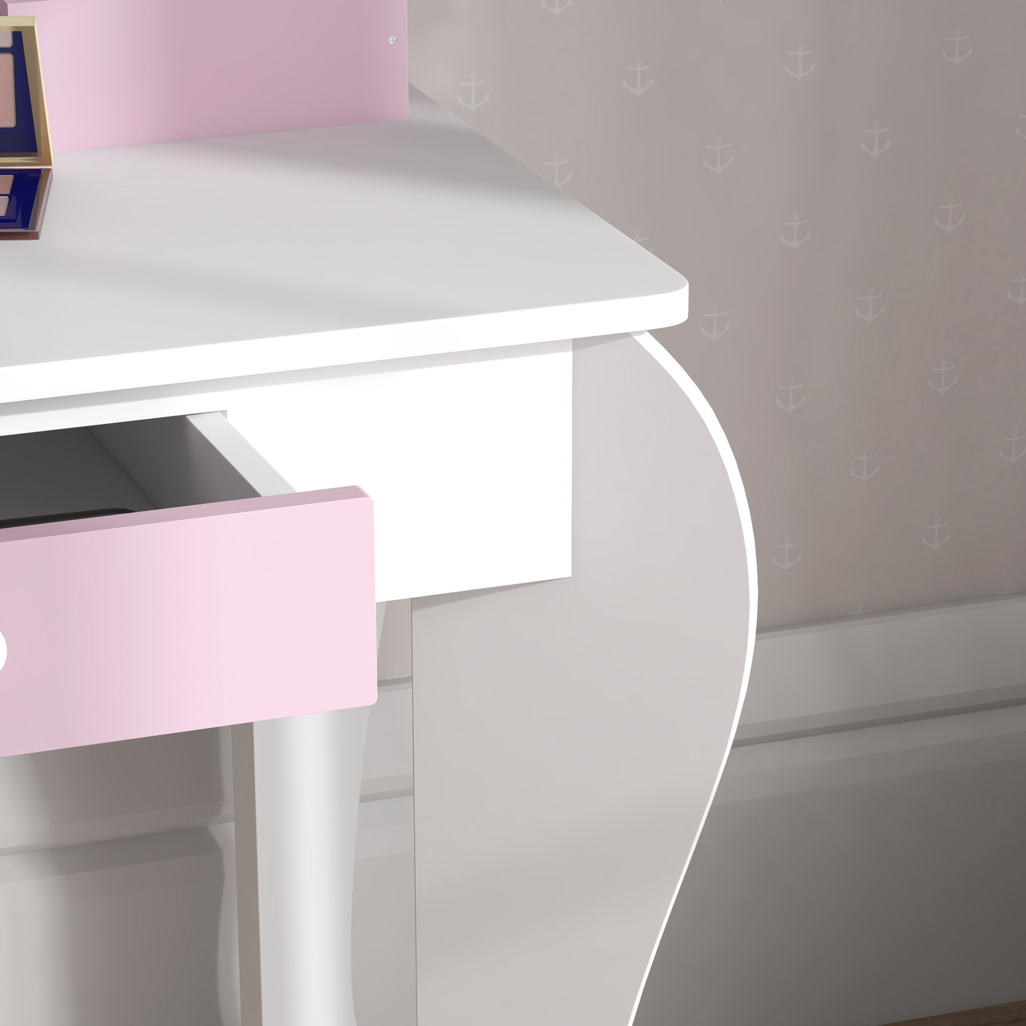 Tocador Infantil con Taburete y Espejo, Tocador para Niñas con Cajón, Compartimentos, Diseño de Unicornio, Mesa de Maquillaje para Niños y Niñas de 3-6 Años, Blanco