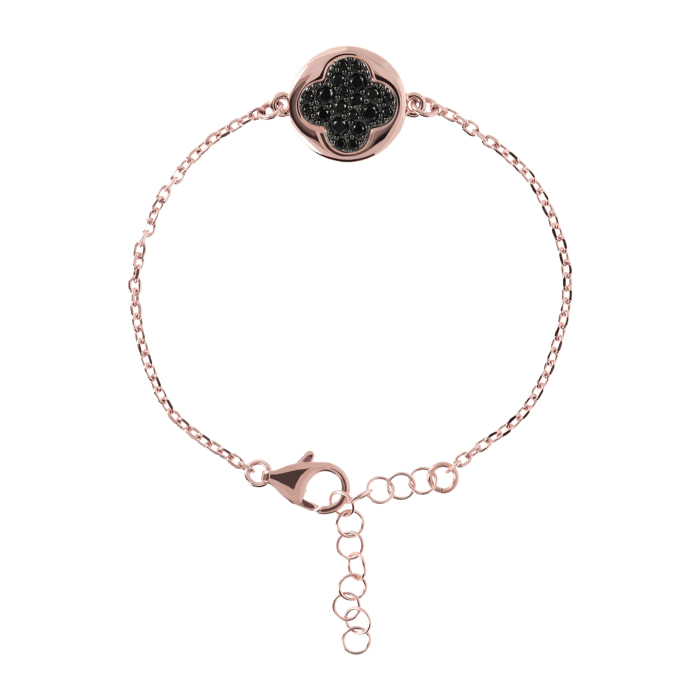 Bracciale Catena Forzatina con Quadrifoglio in Pavé di Spinello Nero