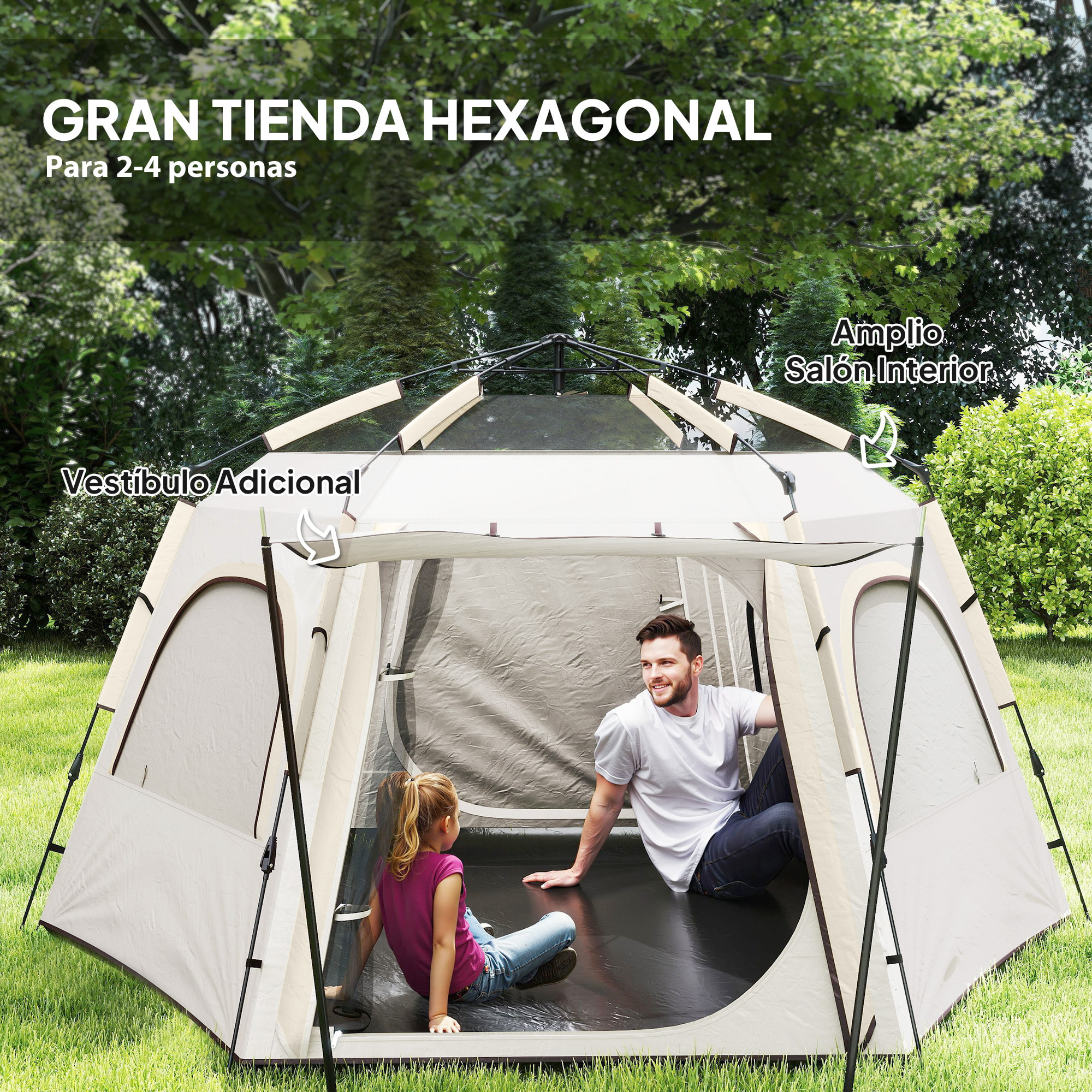Tienda de Campaña para 2-4 Personas Tienda de Camping Plegable con Fácil Instalación Ventanas de Malla Gancho y Bolsa de Transporte Protección UV Impermeable para Senderismo Blanco y Beige