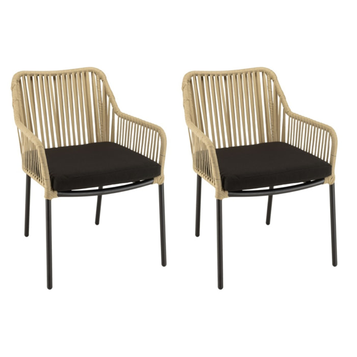 MALO - Lot de 2 fauteuils cordage couleur naturelle coussin assise noir