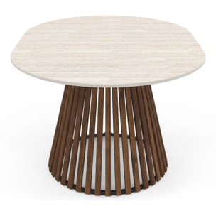 Table à manger ronde extensible Camélia effet travertin et pied lattes Ø110-150cm