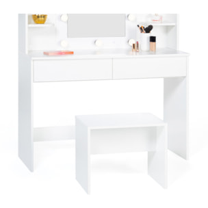 Coiffeuse Zita blanche double étagères, miroir LED et tabouret