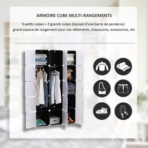 Garde robe armoire à vêtements L 111 x l 47 x H 183 cm modulable 15 cubes noir et blanc