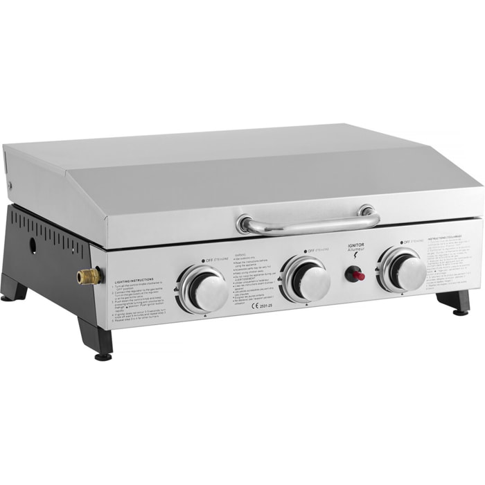 Plancha à gaz avec 3 bruleurs et couvercle en métal "Fasto" - 7,5 kw - Gris