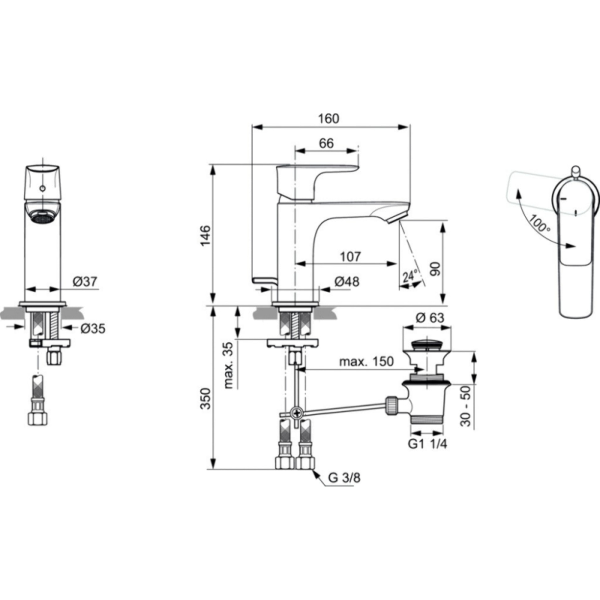 IDEAL STANDARD Mitigeur lavabo Connect Air avec tirette et vidage Or