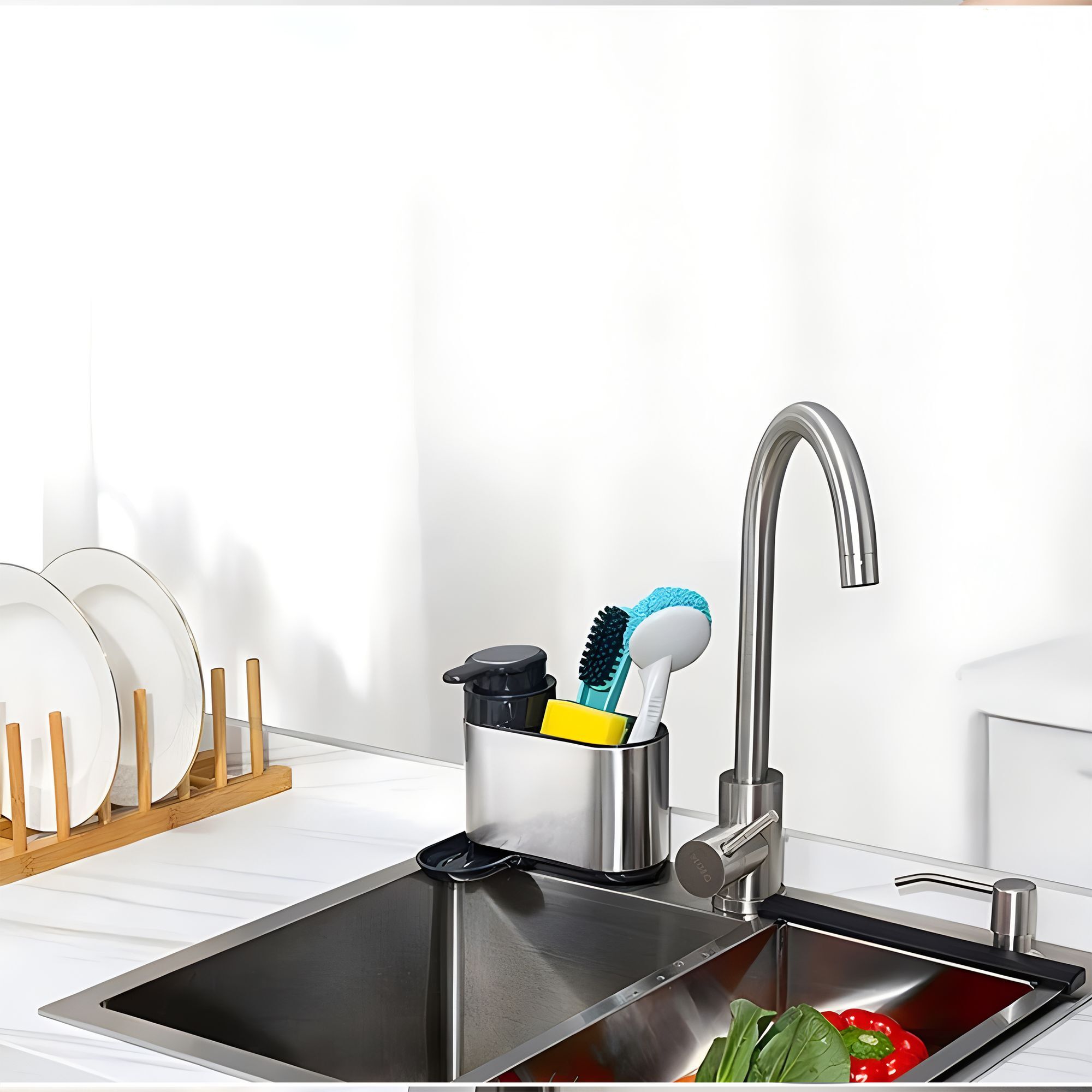 Organisateur d'évier et porte savon en acier inoxydable