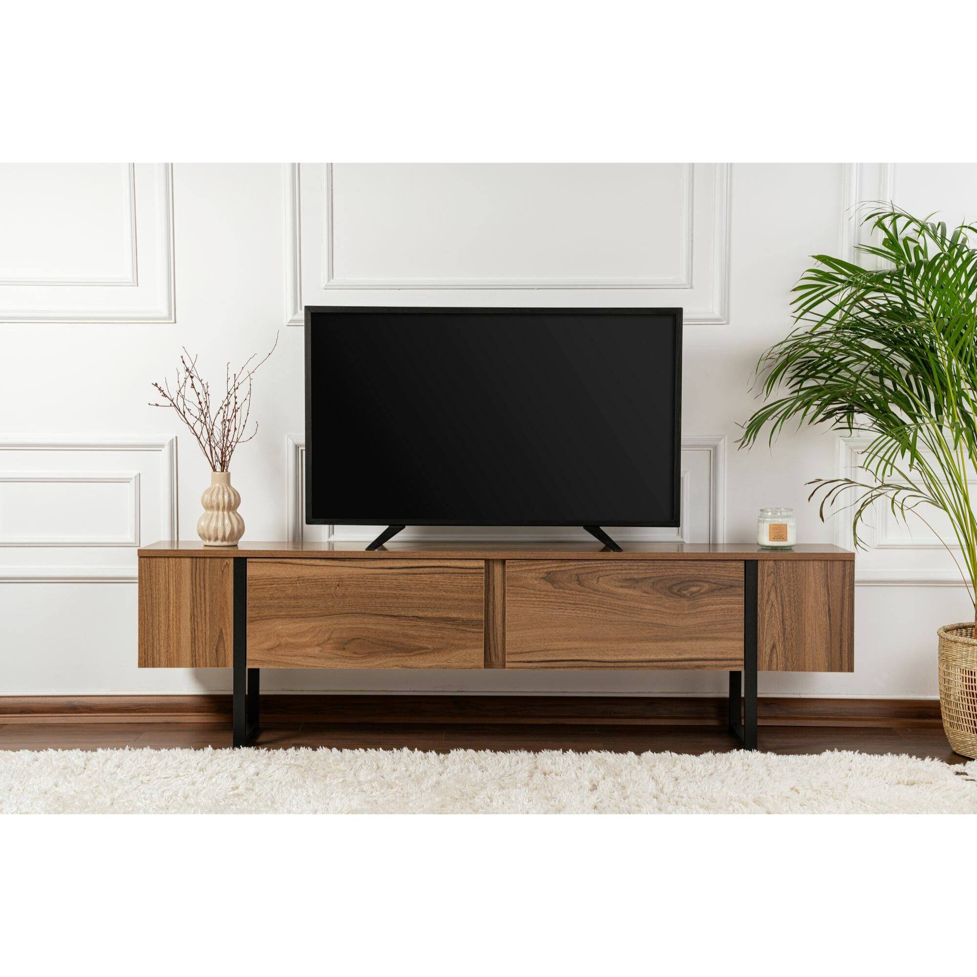 Mobile porta TV Tarquin, Credenza da soggiorno, Armadio basso per TV, Base parete attrezzata, 180x30 h50 cm, Noce e Nero