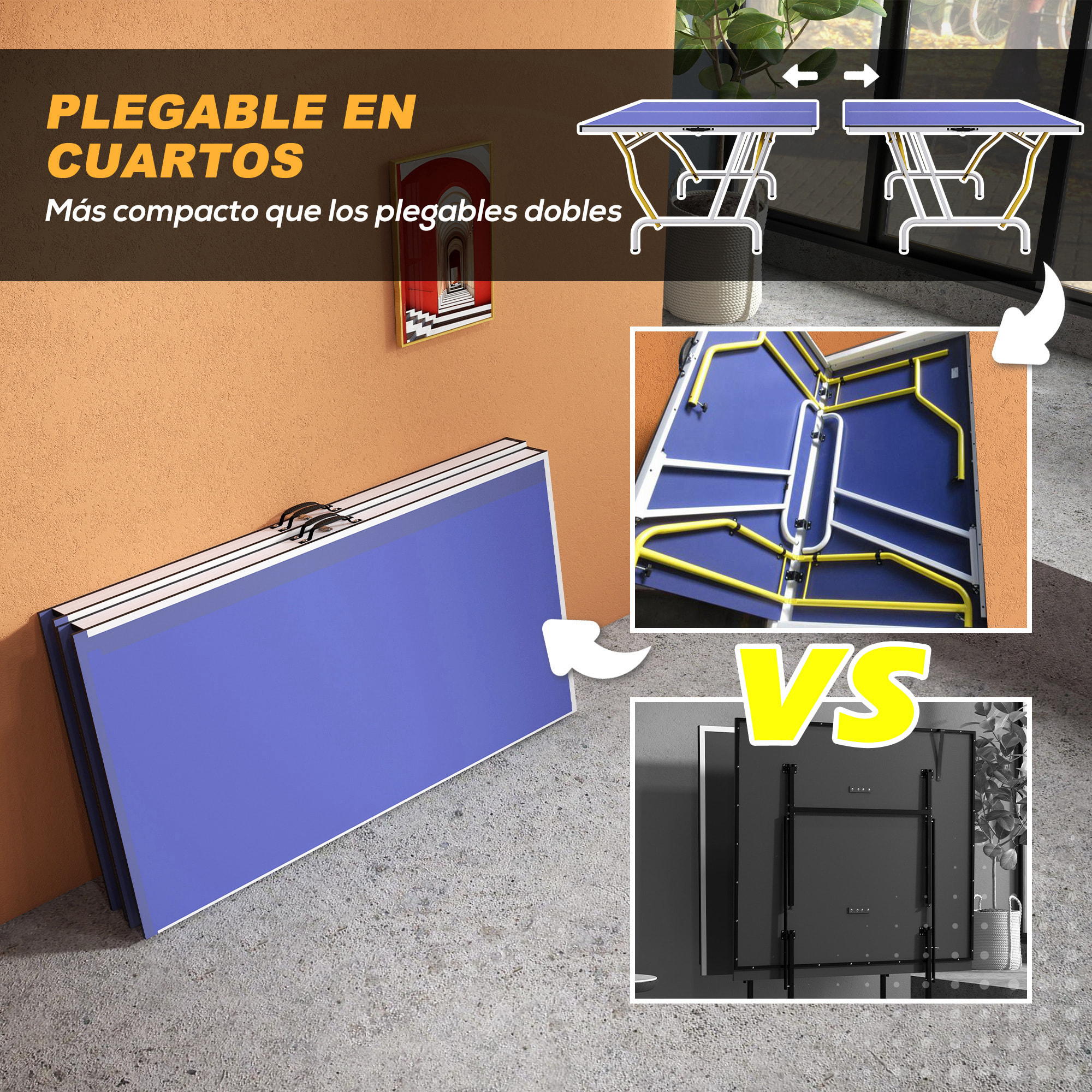 Mesa de Ping-Pong Plegable Mesa de Tenis de Mesa Diseño Compacto con Red Reposapiés Ajustables y Marco de Acero para Interior y Exterior 274x152,5x76 cm Azul