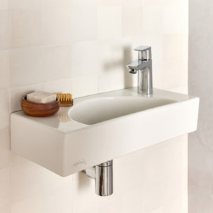 Lave-mains compact 50 cm Odéon Rive Gauche 1 trou de robinetterie à droite Blanc satiné avec bonde