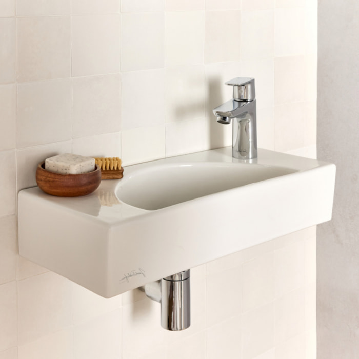 Lave-mains compact 50 cm Odéon Rive Gauche 1 trou de robinetterie à droite Blanc satiné avec bonde
