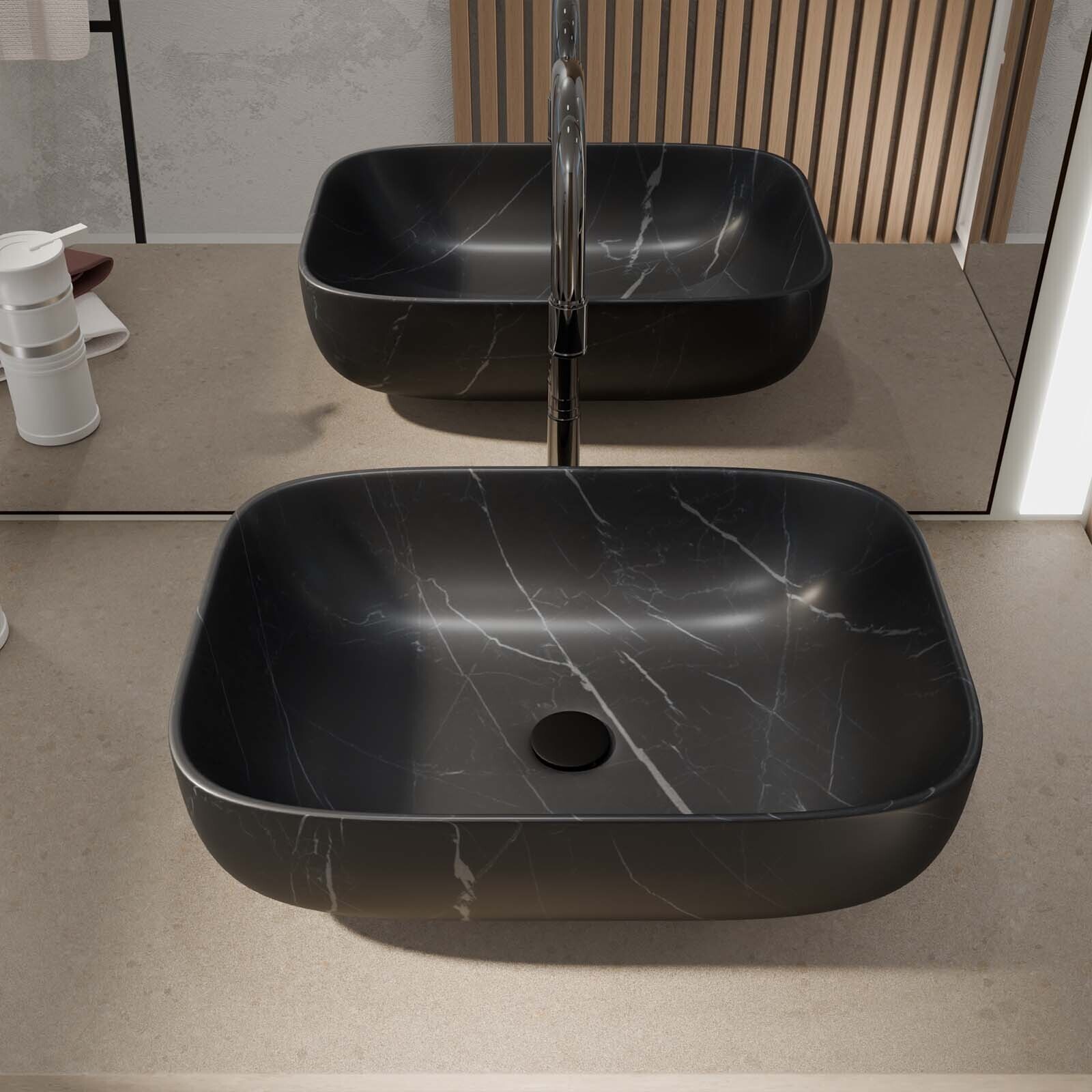 Vasque à poser rectangulaire en céramique noire mat effet marbre 46x32x13.5 cm - BLACK MARBLE