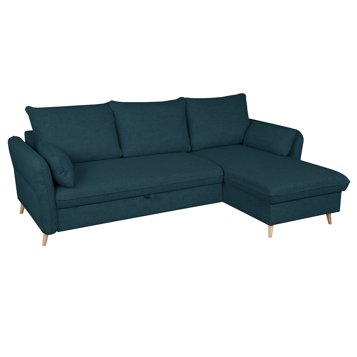 Canapé d'angle convertible réversible avec coffre 3-4 places en tissu bleu océan et bois clair DRISS