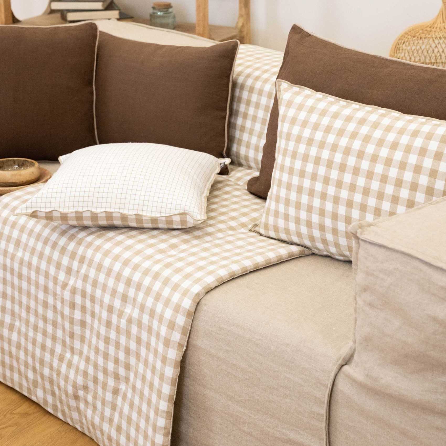 Édredon motif vichy en coton - Naturel