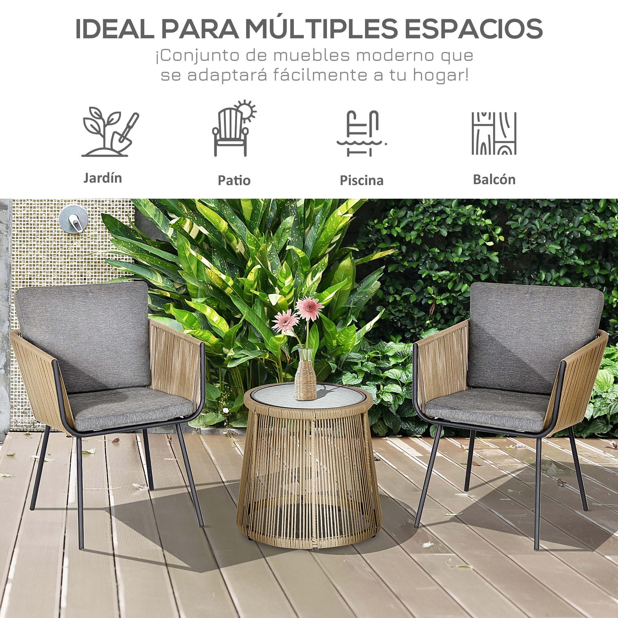 Conjunto de Jardín Exterior de 3 Piezas Juego de 2 Sillas y Mesa de Ratán con Cojines Acolchados y Encimera de Vidrio para Balcón Terraza Café y Gris