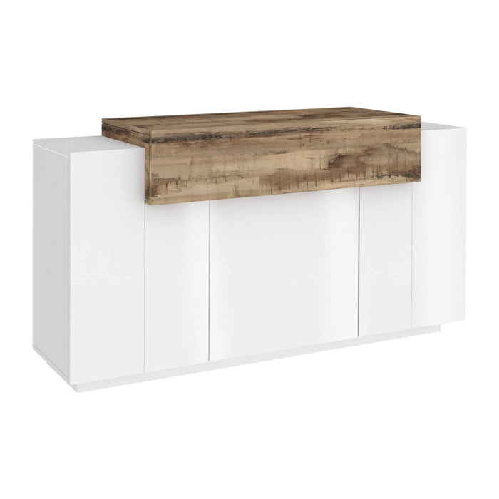 Credenza moderna, Madia di design a 4 ante, Made in Italy, Mobile Porta TV, Buffet da soggiorno, cm 140x45h86, colore Bianco lucido e Acero