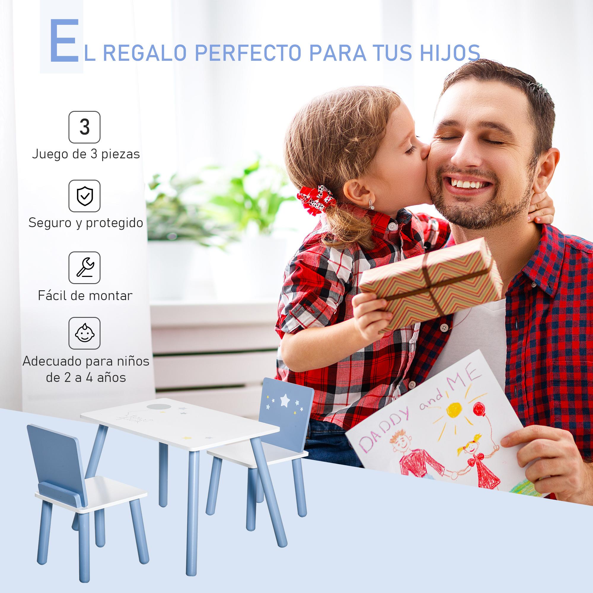 Juego de Mesa Infantil y 2 Sillas de Madera Mesa con Sillas para Niños de 2-4 Años Mesa 60x40x43 cm y Sillas 28x26x48 cm para Dormitorio Sala Blanco y Azul