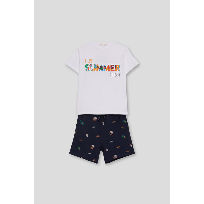 Conjunto Niño Blanco con Estampado Colorido "Enjoy Summer" y Pantalón Corto Azul con Estampado Divertido | Color: Blanco | Street Monkey