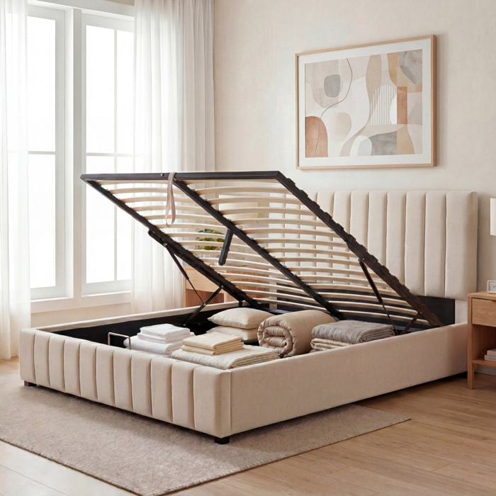 Lit Coffre Trocadéro en Velours Beige, Grand espace de Rangement, Tête de Lit Rembourrée, Sommier à Lattes Actives, Robuste et Confortable