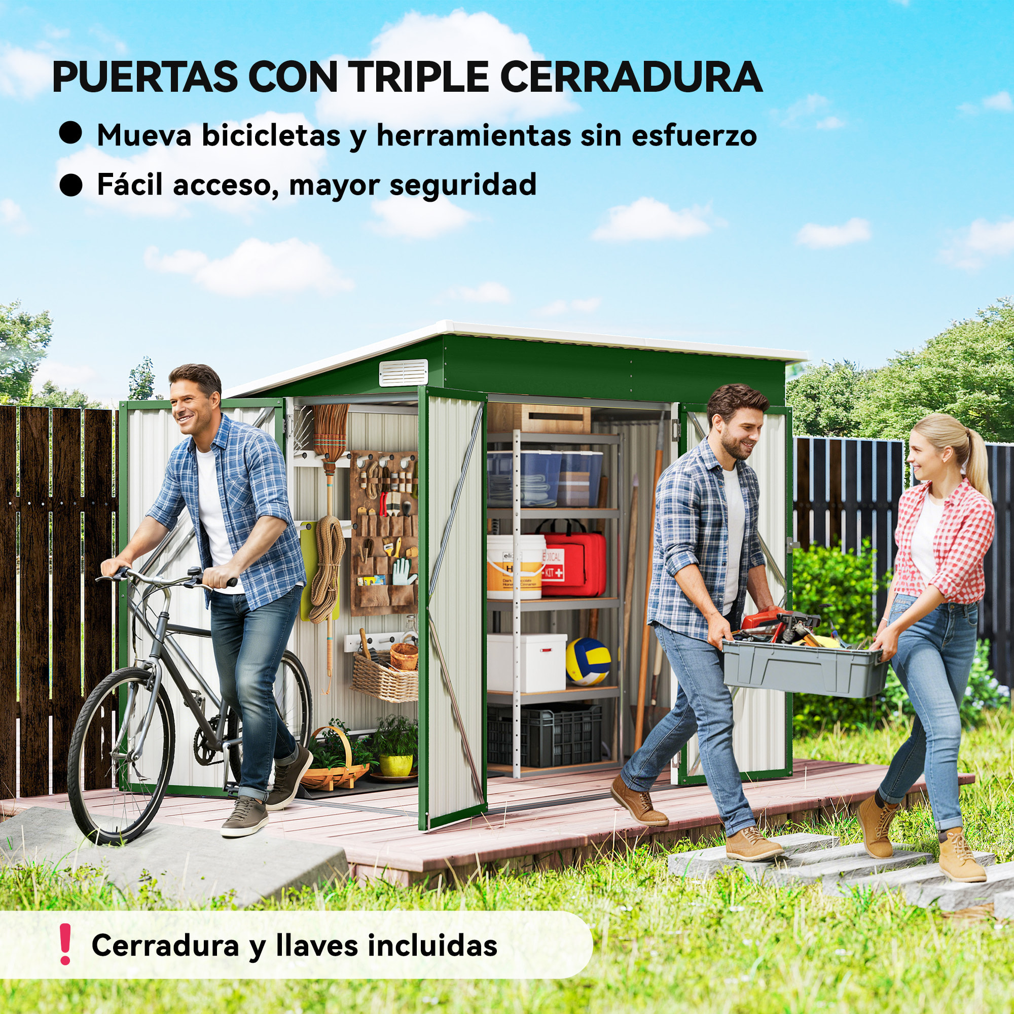 Caseta de Jardín Exterior 2,7 m², 234x132x185 cm, Cobertizo de Jardín Exterior Metálico con Triple Puerta, Cerradura, Techo Inclinado y Ventilación para Almacenamiento de Herramientas, Verde