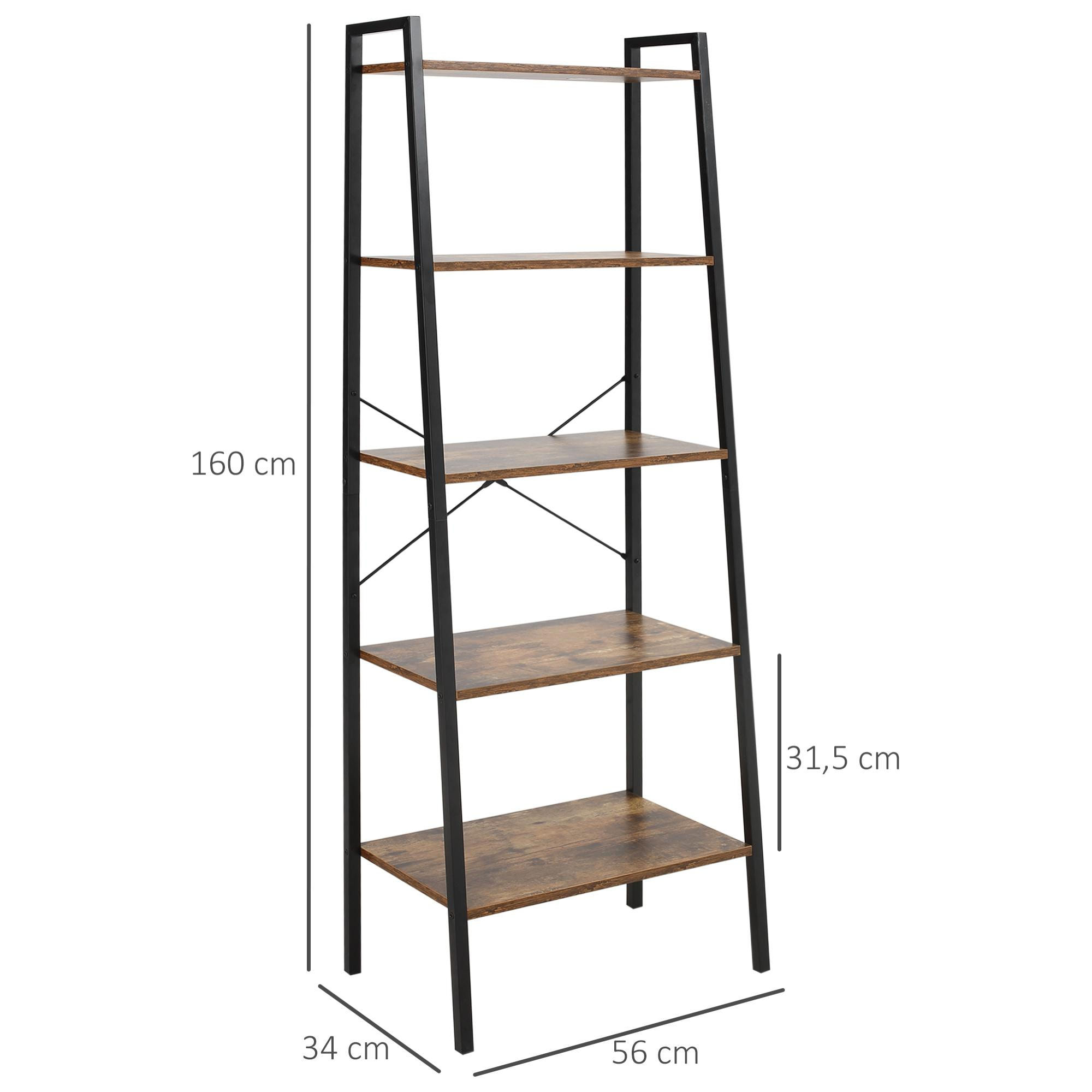 HOMCOM Estantería de Estilo Industrial en Forma de Escalera con 5 Baldas con Marco de Metal para Sala de Estar Dormitorio Cocina Oficina 56x34x160 cm Marrón Rústico