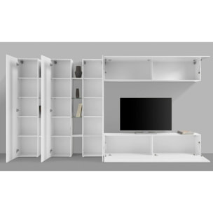 Parete attrezzata Carmelo, Set salotto porta TV a 5 ante, Mobile soggiorno multiuso, 100% Made in Italy, cm 340x30h180, Bianco lucido