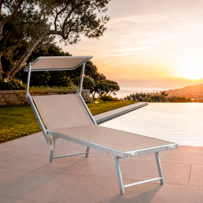 Lettino Prendisole Pieghevole Professionale in Alluminio e Tessuto Textilene Tettuccio Orientabile Parasole Sdraio Mare Spiaggia 182x60x38 cm Beige