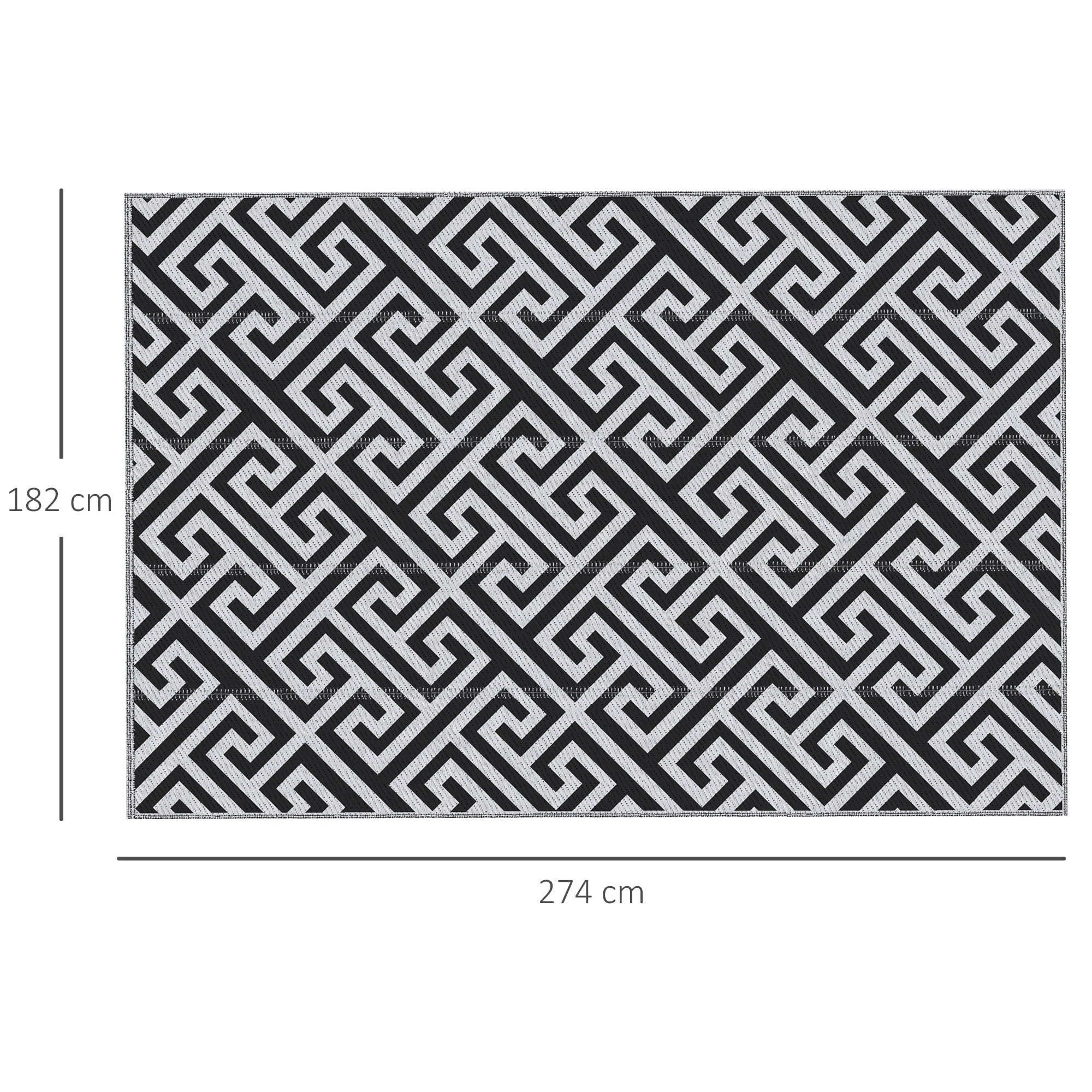 Alfombra de Exterior 182x274 cm Alfombra Reversible con Patrón Geométrico Impermeable para Terraza Balcón Patio Camping Playa Blanco y Negro