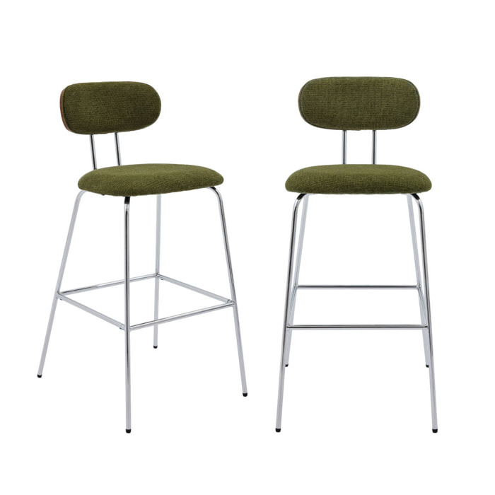 2 tabourets de bar décor bois courbé teinté noyer et tissu déperlant kaki. pieds métal chromé - L 44 x P 51 x H 103cm - Erin