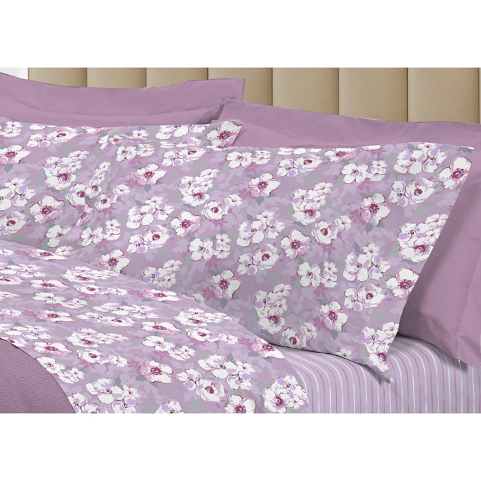 Completo Lenzuola Linea 3027 In Percalle Fantasia Floreale Disegno Indie Rosa