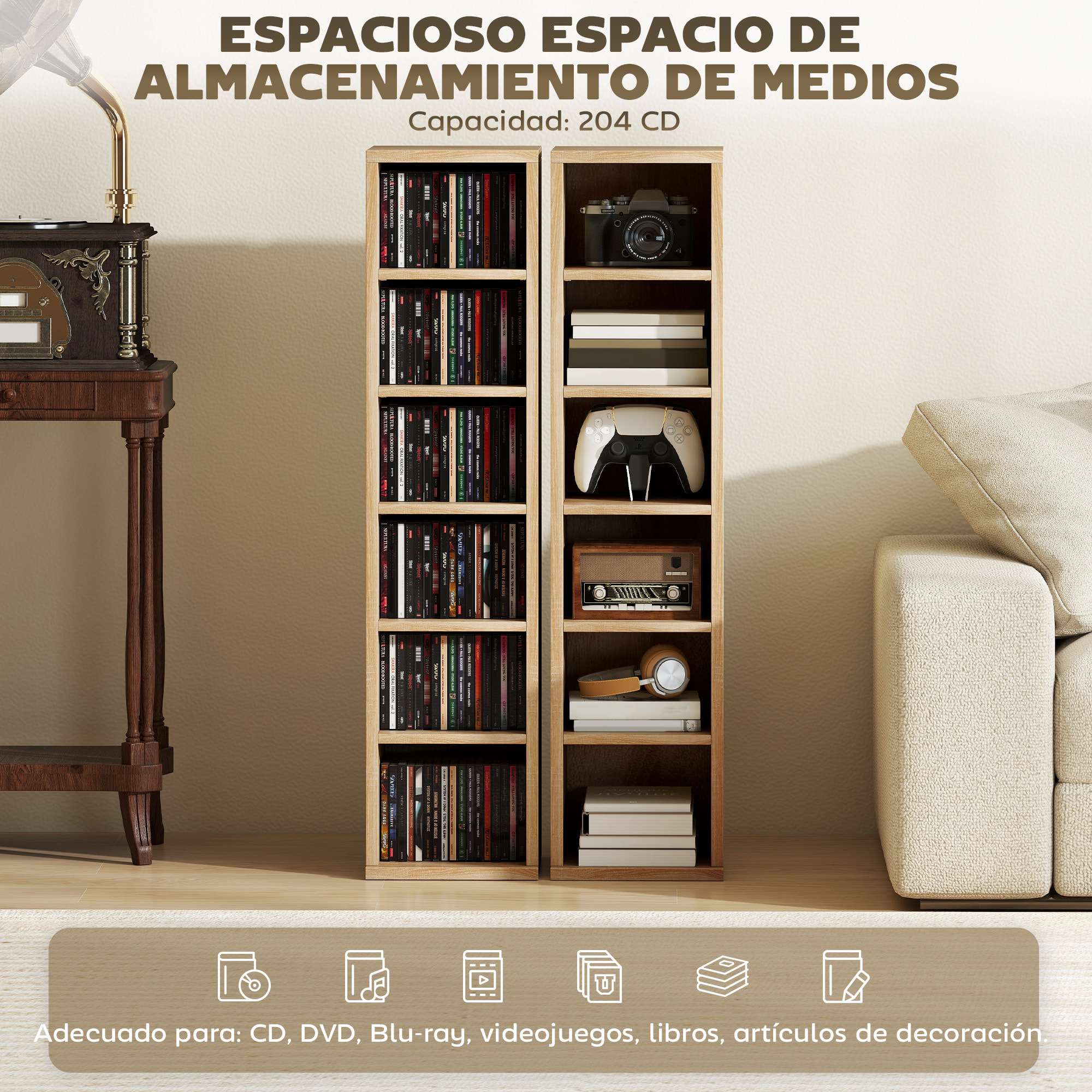 Set de 2 Estanterías para CDs y DVDs, Soportes para CD Estrechos con 12 Compartimentos, Estantes Ajustables, Estanterías para Salón, Oficina, 21x22,5x88,5 cm, Roble