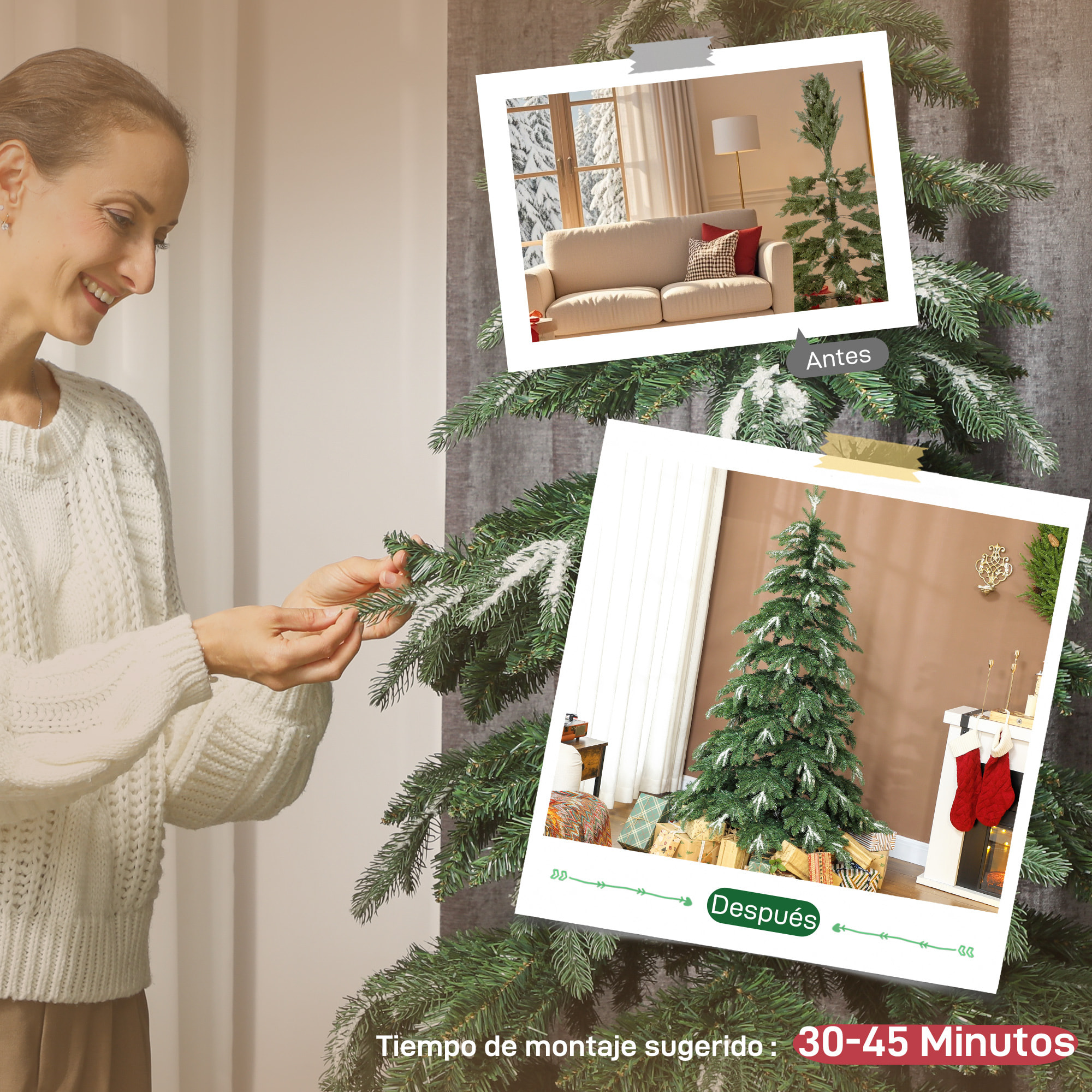Árbol de Navidad Artificial 180 cm, Ramas Realistas con Efecto Nieve, Árbol de Navidad con Soporte de Acero, Base Plegable, Montaje Rápido, Decoración Navideña para Hogar, Fiesta