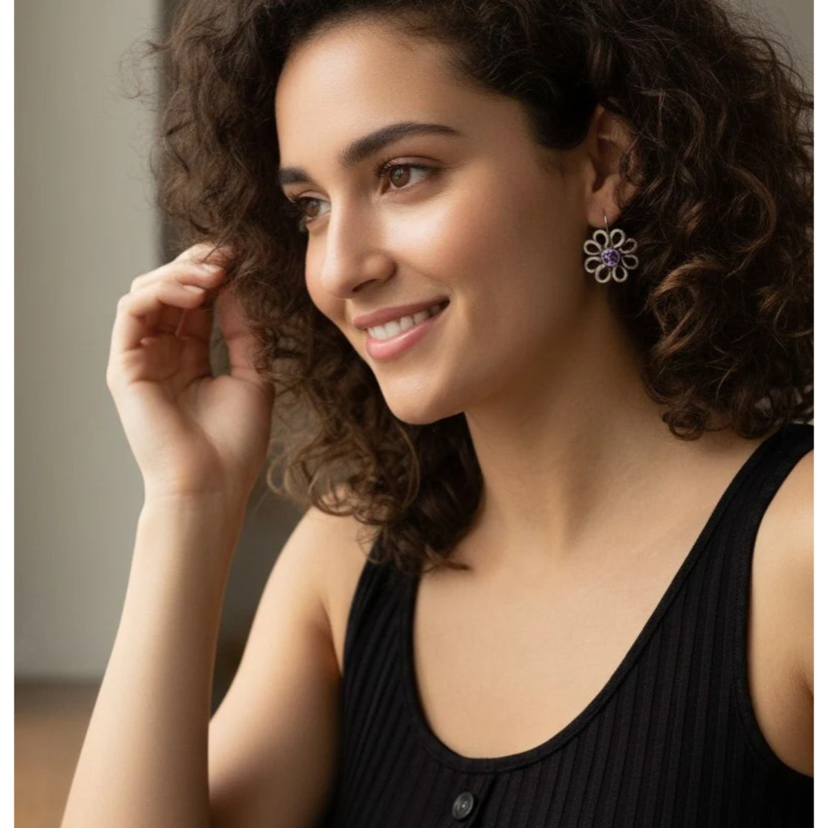 Pendiente plata flor Swarovski violeta