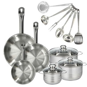 Batterie de cuisine avec 3 poêles 20/24/28 cm et 3 faitouts 16/20/24 cm et 6 ustensiles de cuisine Fackelmann Etherna Brillant Oxford