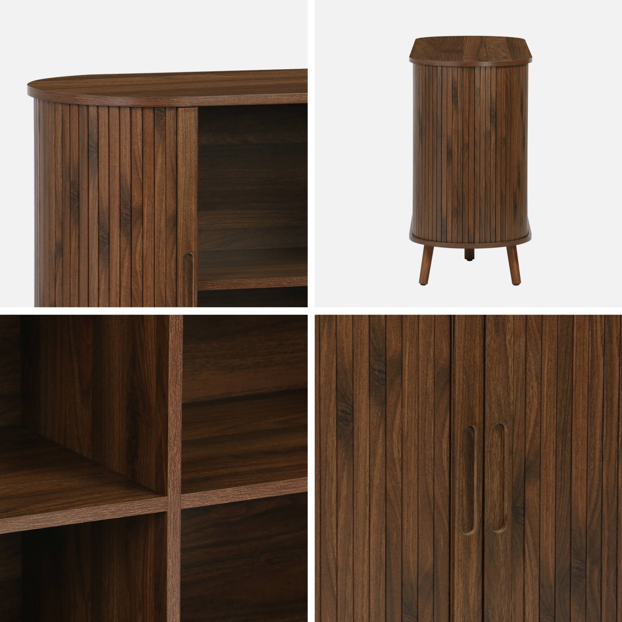 Buffet scandinave 2 portes coulissantes. 4 compartiments. effet bois rainuré. couleur noyer. buffet bas. L 120 x P 40 x H 75cm