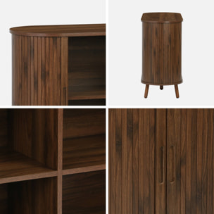 Buffet scandinave 2 portes coulissantes. 4 compartiments. effet bois rainuré. couleur noyer. buffet bas. L 120 x P 40 x H 75cm