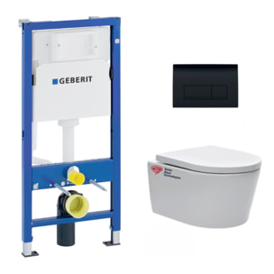 Pack WC Bati Geberit UP100 + WC sans bride Swiss Aqua Technologies + Abattant softclose + Plaque Noir brillant