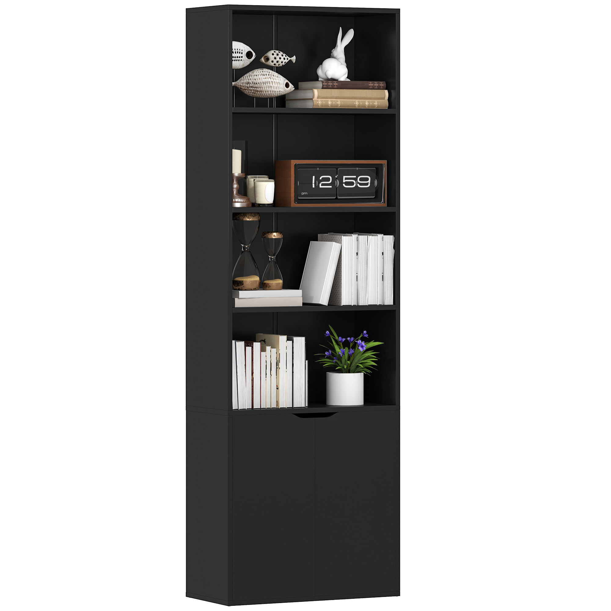 Estantería para Libros de 6 Niveles, Librería con 2 Puertas, 4 Estantes Abiertos, Armario Alto para Salón, Estudio, Oficina, 59x29x180 cm, Negro